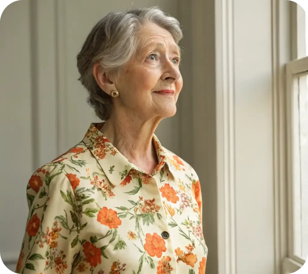 About Emma 1 Elderly woman with short gray hair looking out the window, wearing a floral blouse