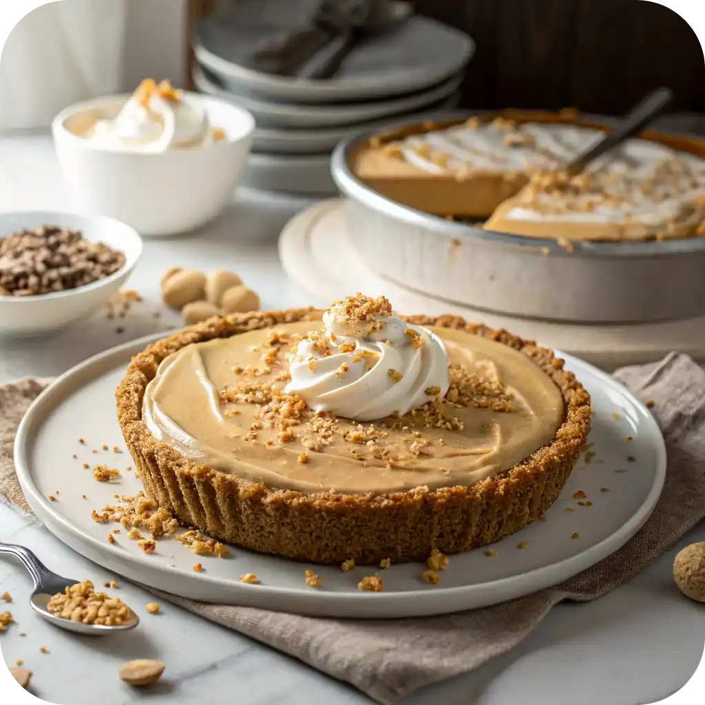 Rock Bottom Pie: A No-Bake Classic with Endless Comfort 3 No-bake peanut butter Rock Bottom Pie with whipped cream and crushed peanuts on top
