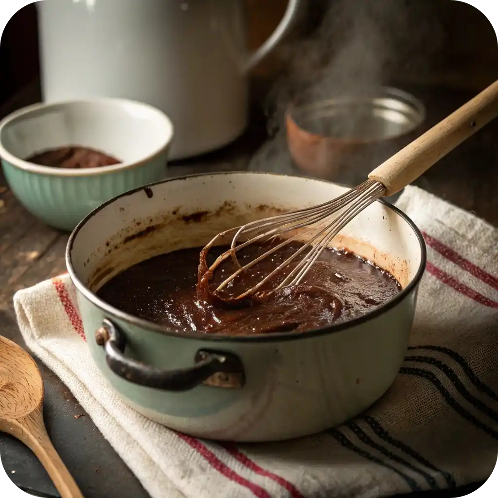 Classic Rock Bottom Pie: A Dessert Born from Love and Simplicity 3 chocolate pudding for rock bottom pie cooking on stove