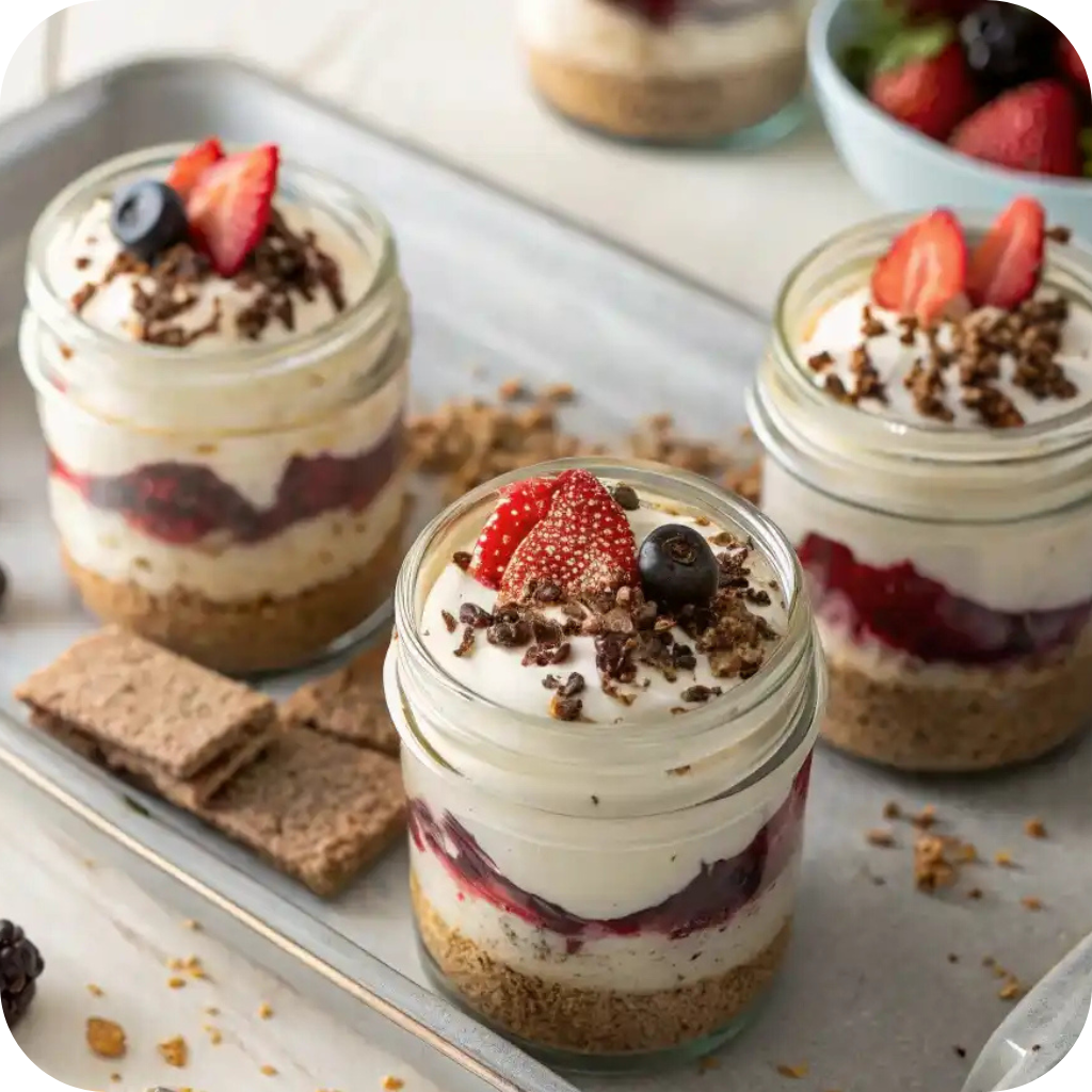 Rock Bottom Pie: A No-Bake Classic with Endless Comfort 5 Mini Rock Bottom Pies layered in mason jars with berries and whipped cream