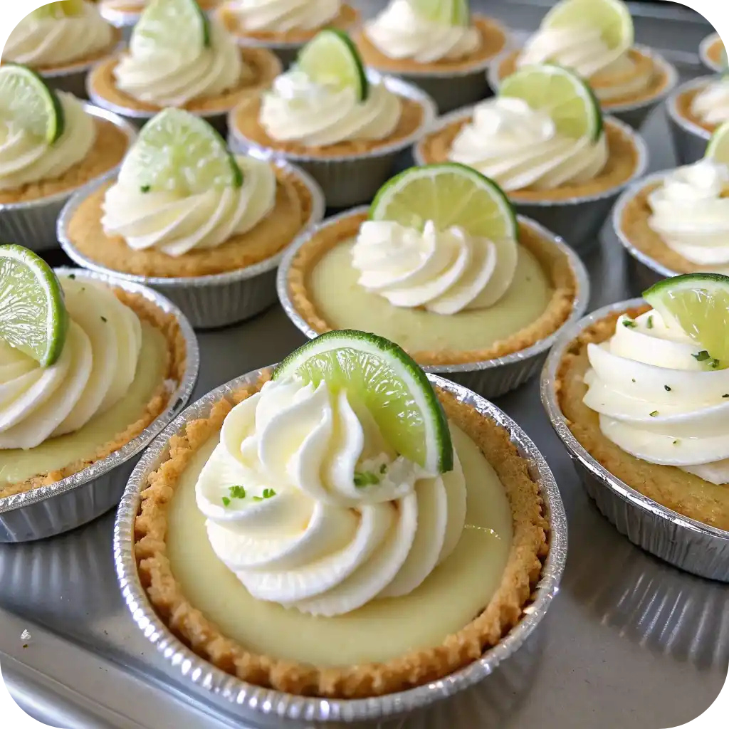 Rock Bottom Pie: A No-Bake Classic with Endless Comfort 7 Mini key lime Rock Bottom pies in foil tins with whipped cream and lime slices