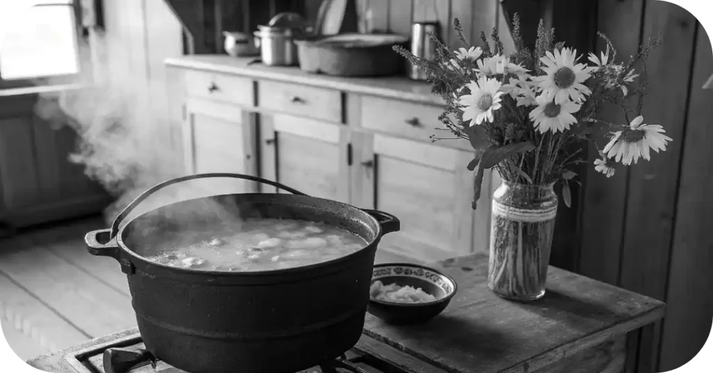 Vintage kitchen scene representing the origin of American soup, with a boiling pot on a rustic stove and a jar of daisies on a wooden table.