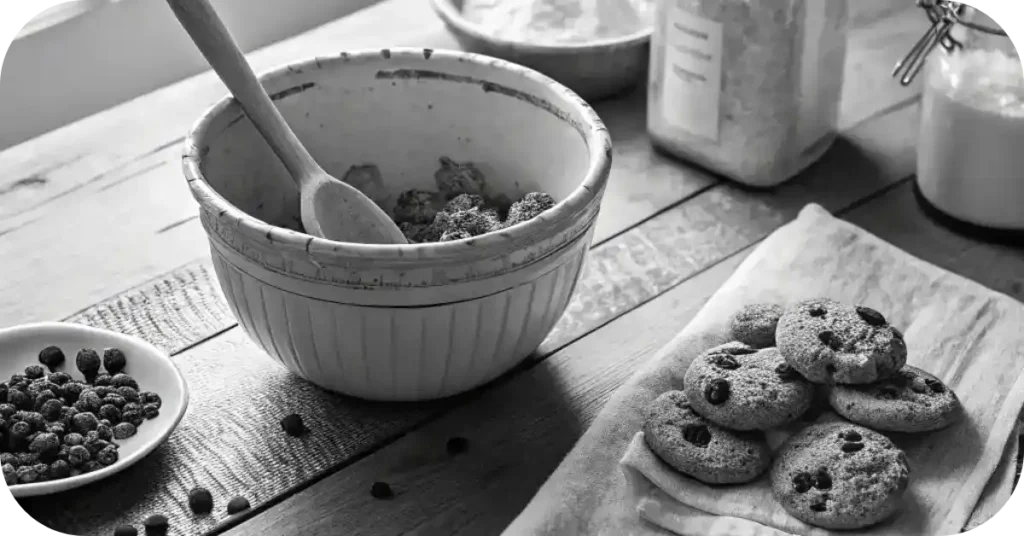 The Sweetest Mess: How Scrambled Cookie Morsels Were Born 1 Grandma’s kitchen scene with cookies and chocolate chips on a rustic table