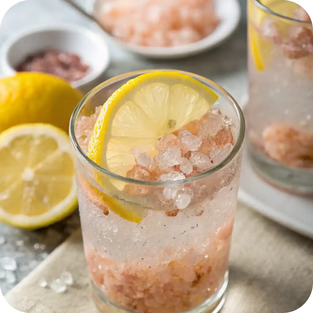 Pink Salt Recipe: A Gentle Wellness Ritual That Heals from Within 2 Glass of warm lemon water with pink Himalayan salt crystals dissolving, wellness drink