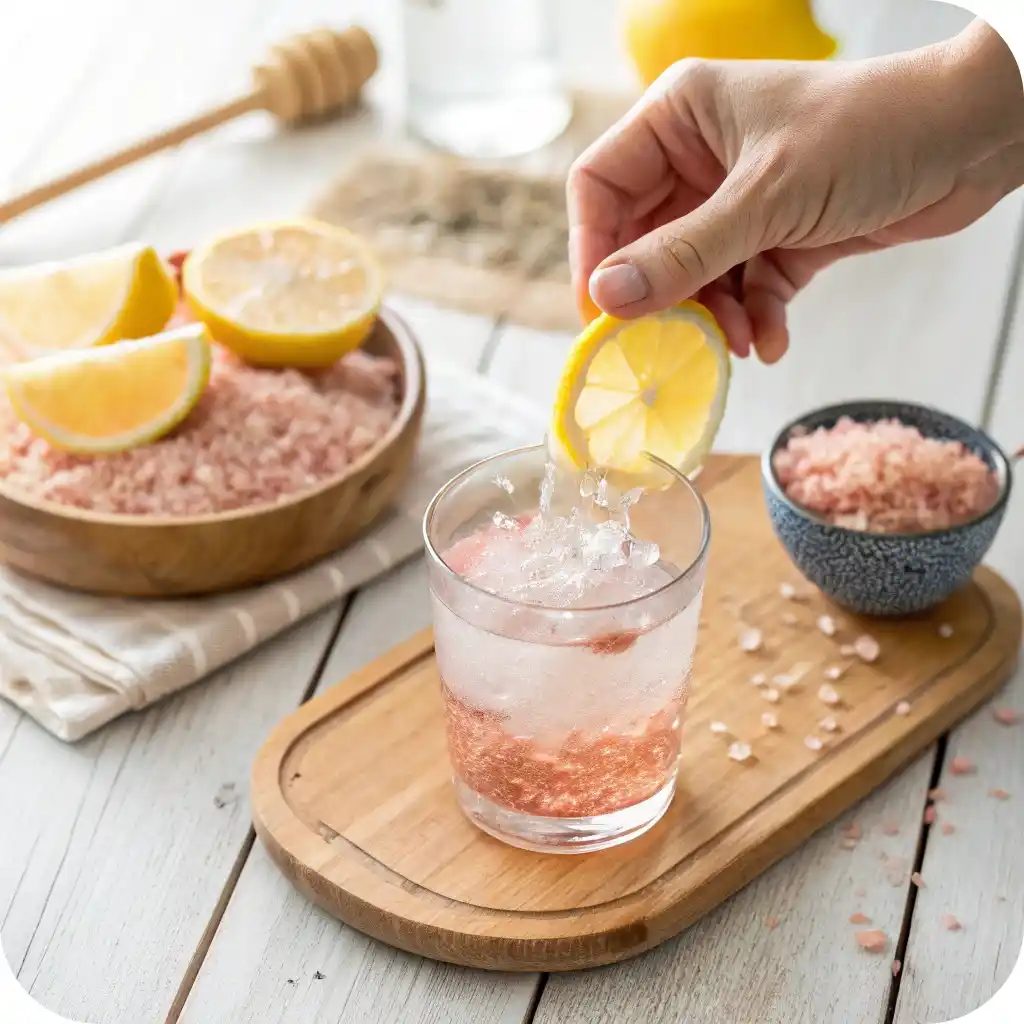 Hydrate & Heal: Pink Salt and Lemon Water Recipe for Morning Wellness 3 Squeezing Lemon into Pink Salt Water