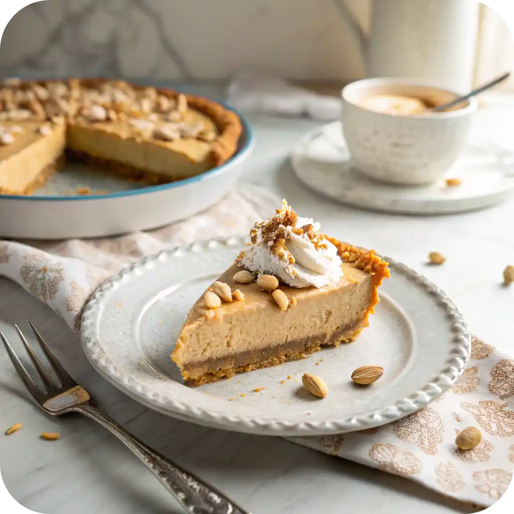 Peanut Butter Rock Bottom Pie – Easy, Creamy, and Nostalgic No-Bake Recipe 4 Dessert plate with a slice of Peanut Butter Rock Bottom Pie topped with whipped cream and crushed peanuts
