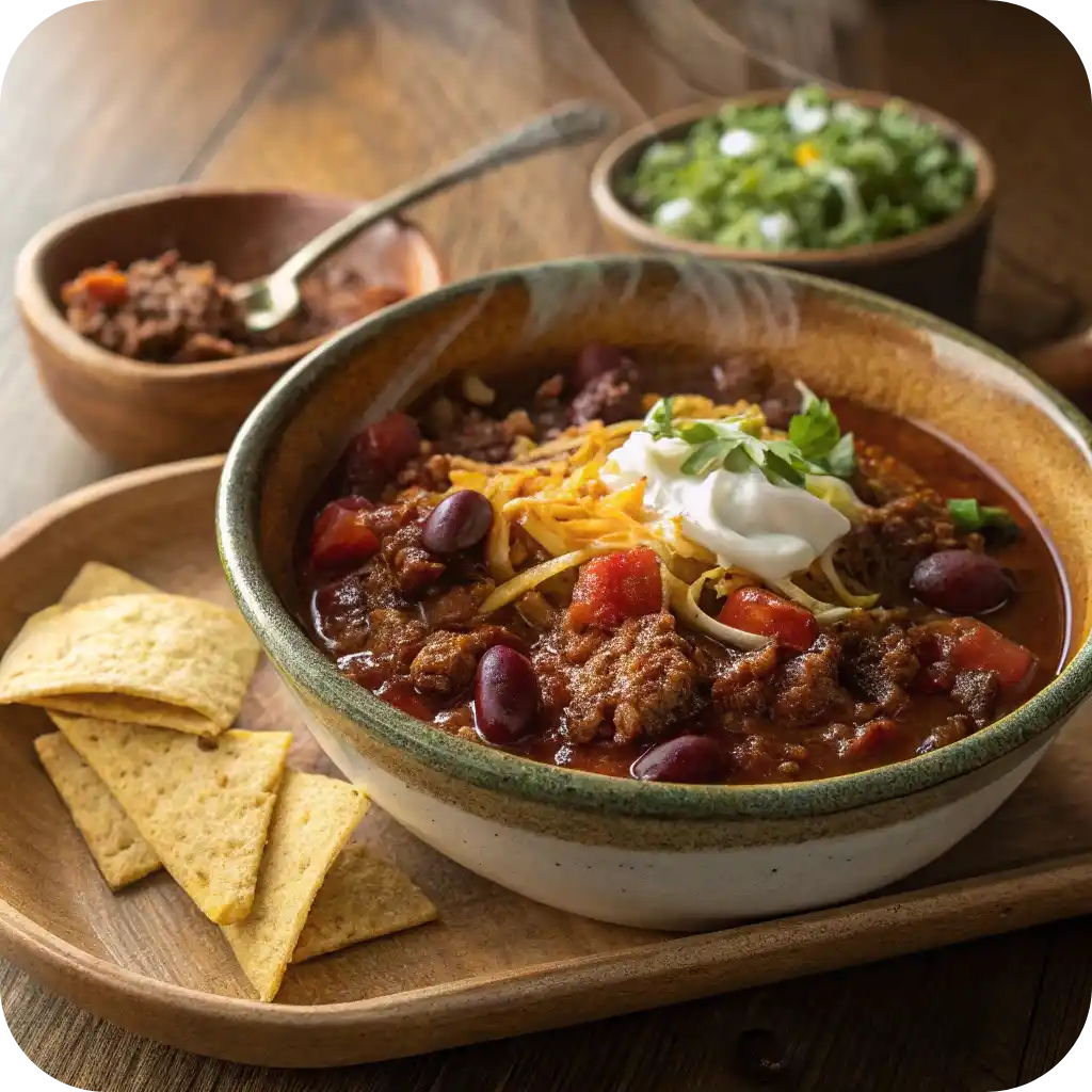 12 Comforting American Soup Recipes You’ll Love This Season 11 A bowl of classic beef chili topped with cheese, sour cream, and green onions, served with tortilla chips