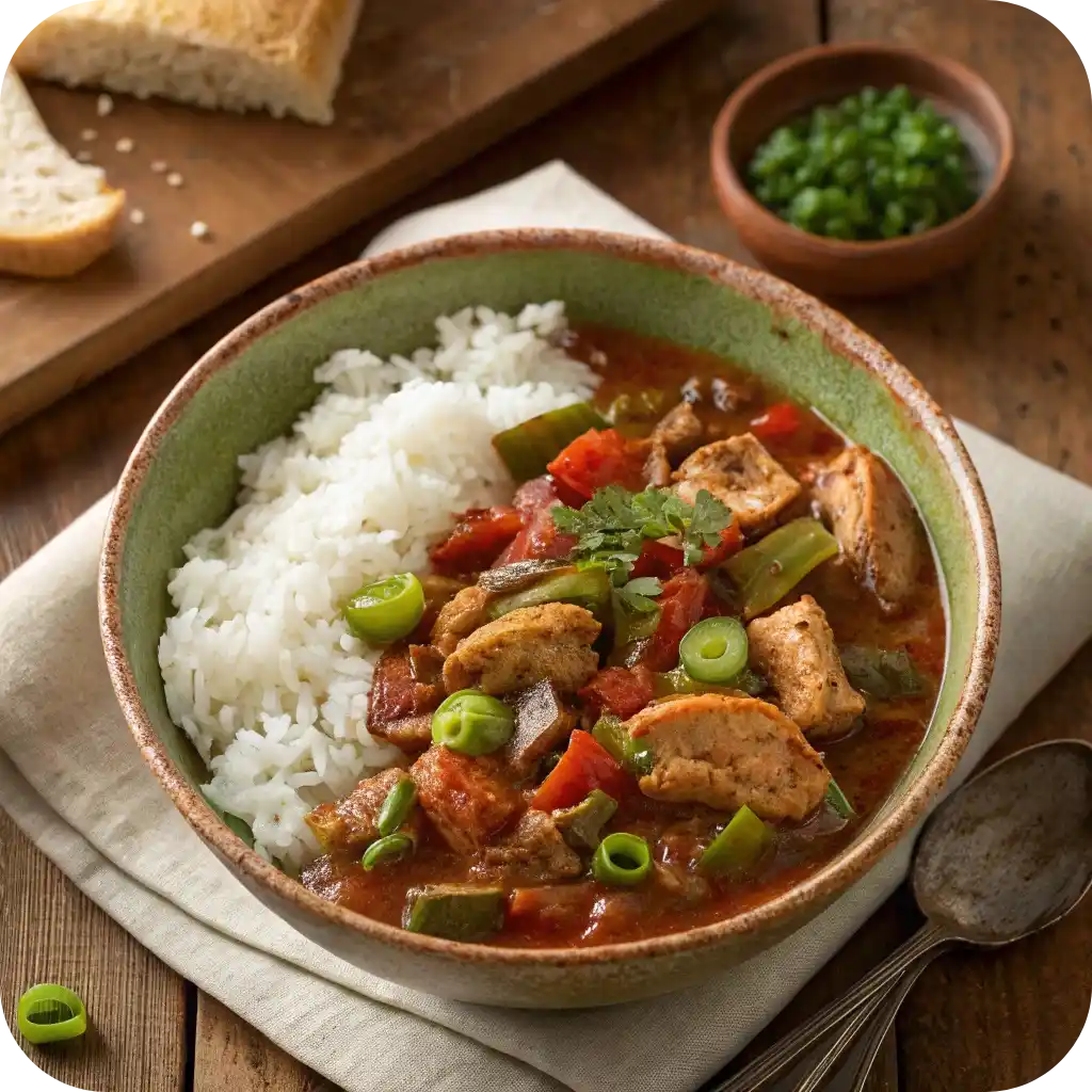 12 Comforting American Soup Recipes You’ll Love This Season 12 A bowl of Southern chicken gumbo with rice, okra, peppers, and herbs in a dark Cajun broth