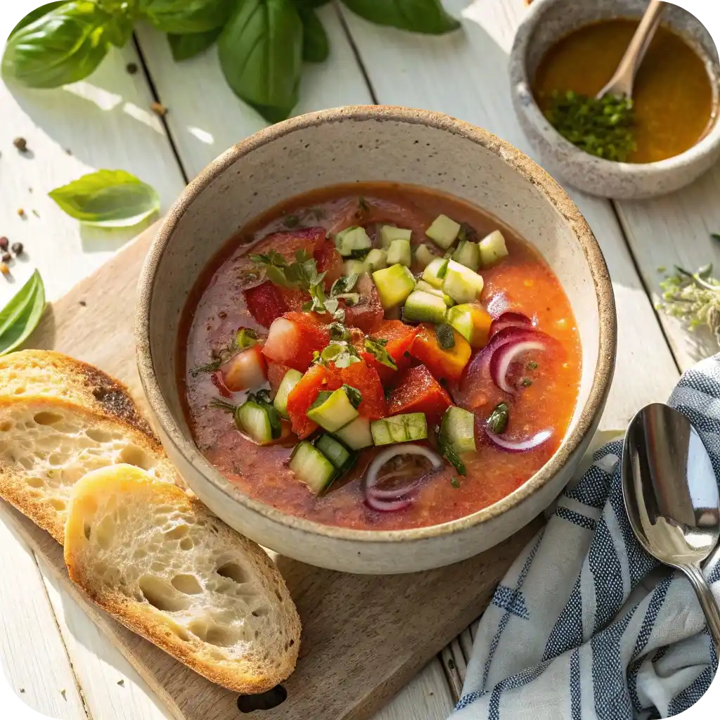 12 Comforting American Soup Recipes You’ll Love This Season 13 A bowl of American gazpacho with diced tomatoes, cucumbers, peppers, and herbs in a chilled tomato base