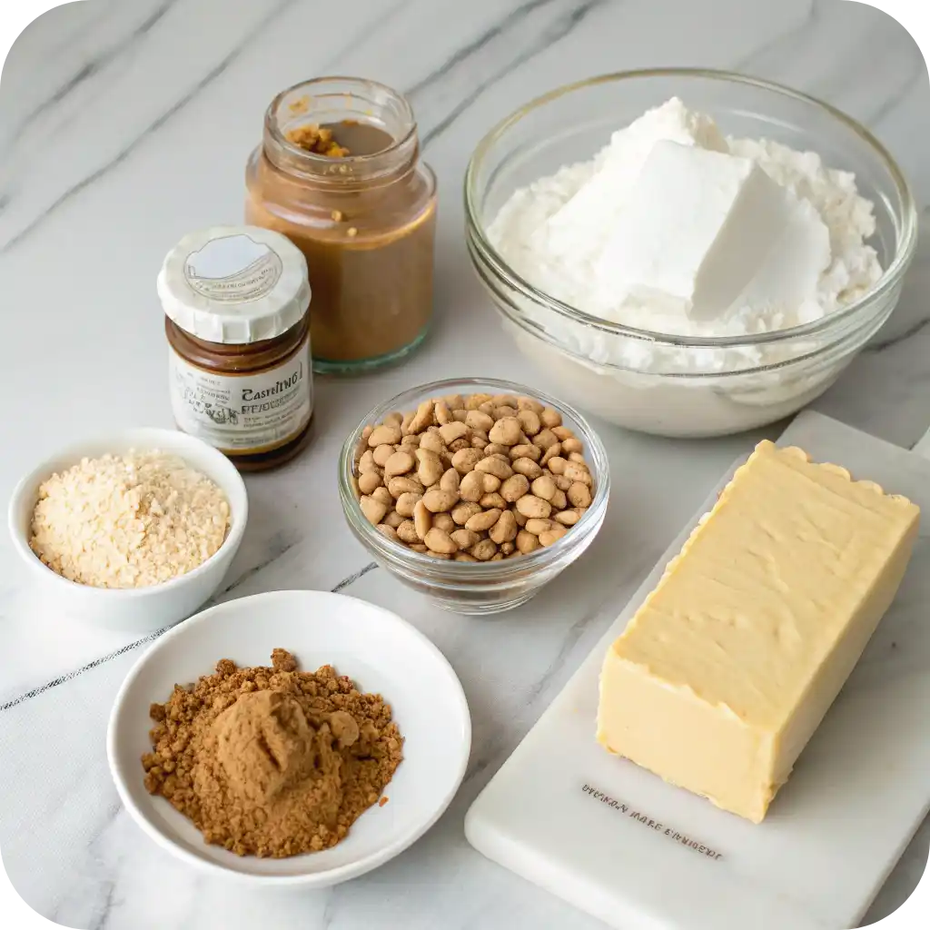Peanut Butter Rock Bottom Pie – Easy, Creamy, and Nostalgic No-Bake Recipe 2 Ingredients for Peanut Butter Rock Bottom Pie on a marble countertop