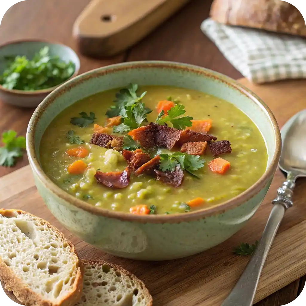 12 Comforting American Soup Recipes You’ll Love This Season 4 A bowl of creamy split pea soup with crispy bacon and fresh herbs, served with crusty bread