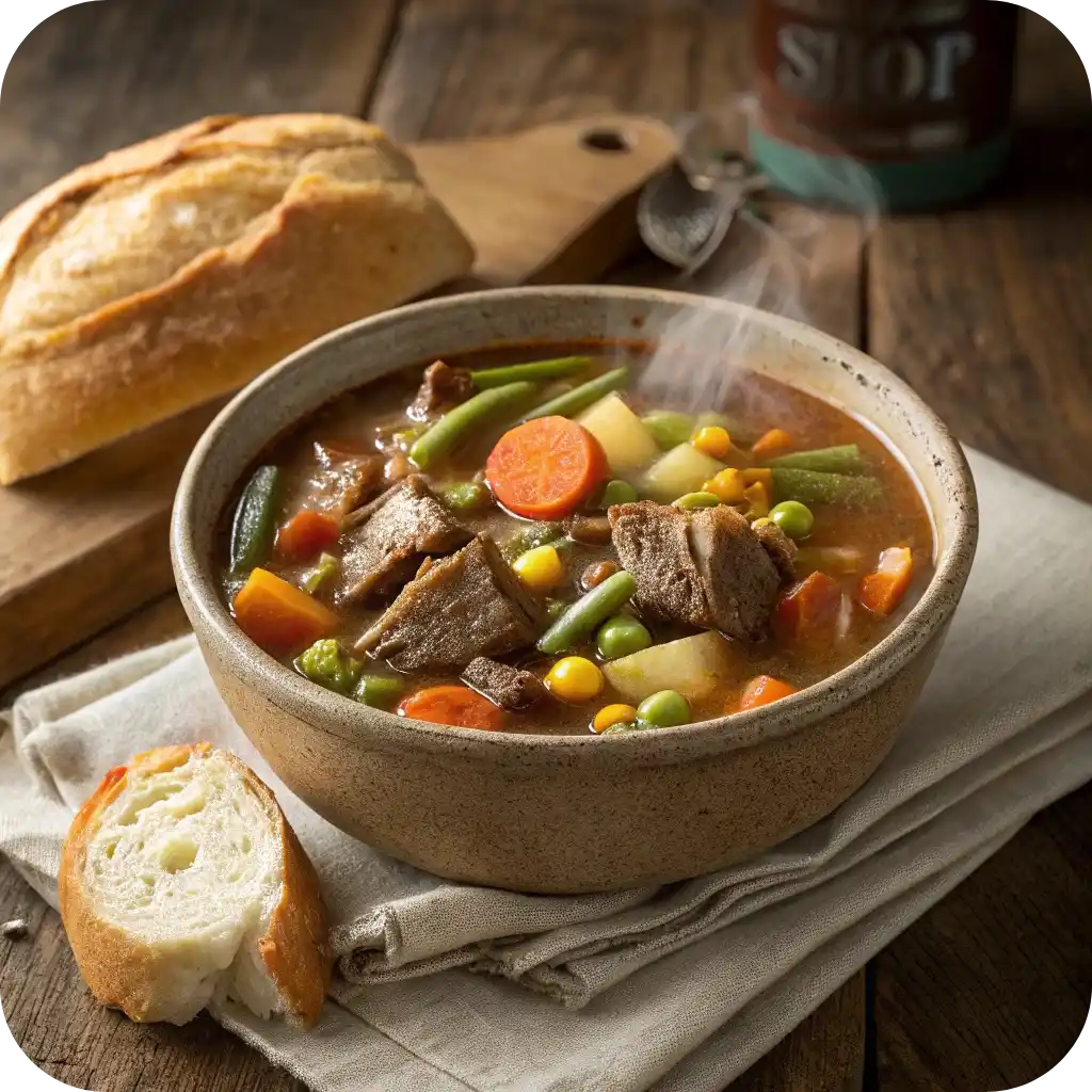 12 Comforting American Soup Recipes You’ll Love This Season 5 A bowl of hearty beef vegetable soup with tender beef and colorful vegetables, served with crusty bread