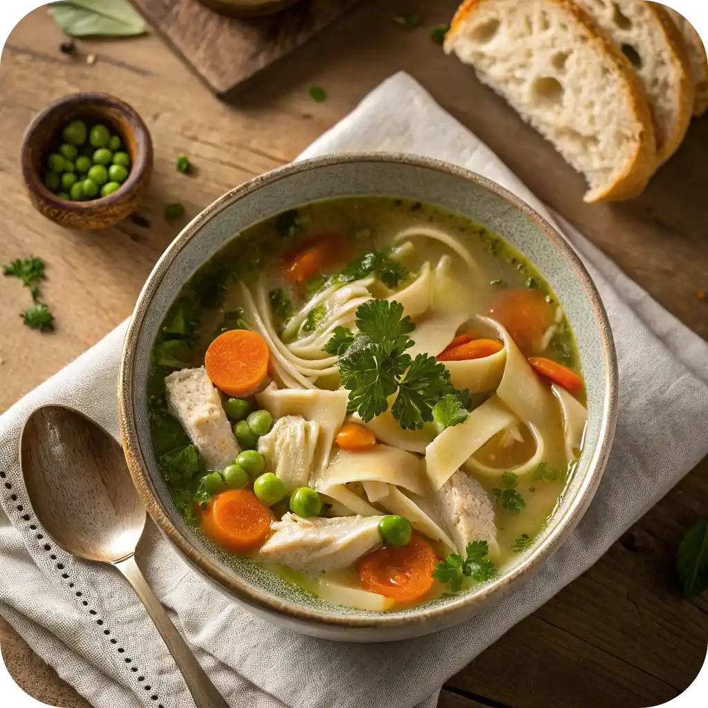 12 Comforting American Soup Recipes You’ll Love This Season 6 A bowl of homemade turkey soup with noodles, vegetables, and fresh herbs, served with bread