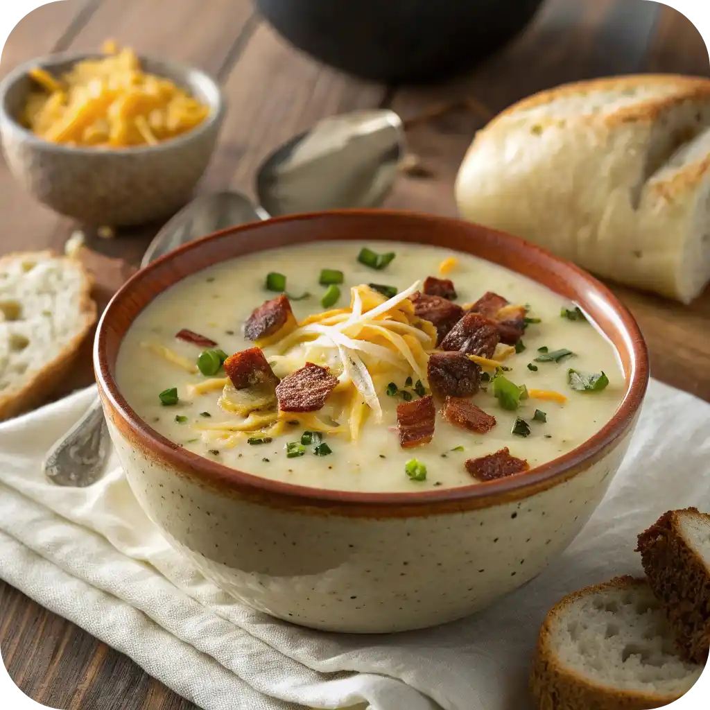 12 Comforting American Soup Recipes You’ll Love This Season 7 A bowl of creamy potato soup topped with crispy bacon, cheddar cheese, and green onions