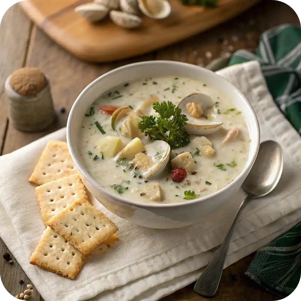 12 Comforting American Soup Recipes You’ll Love This Season 8 A bowl of creamy New England clam chowder with clams, potatoes, and fresh herbs, served with oyster crackers