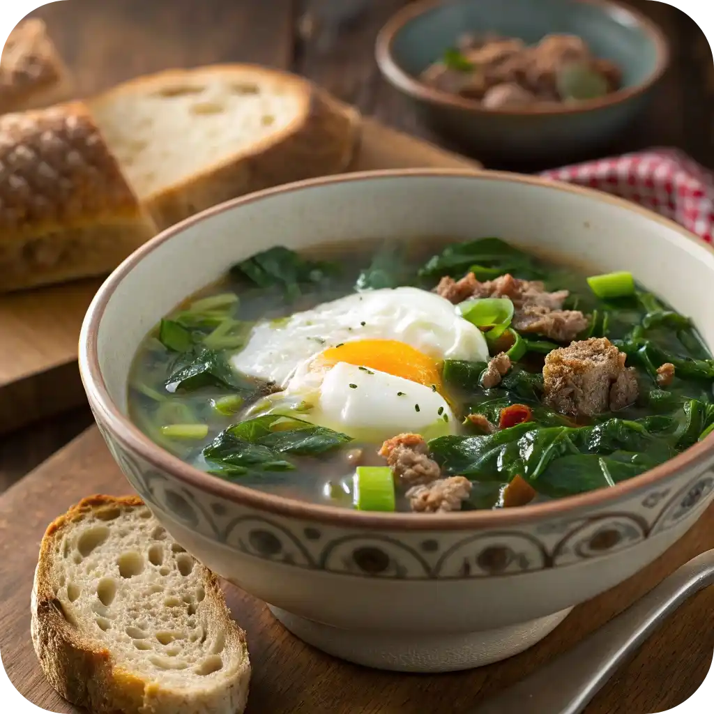 12 Comforting American Soup Recipes You’ll Love This Season 9 A bowl of breakfast soup with poached egg, spinach, sausage, and green onions in a clear broth