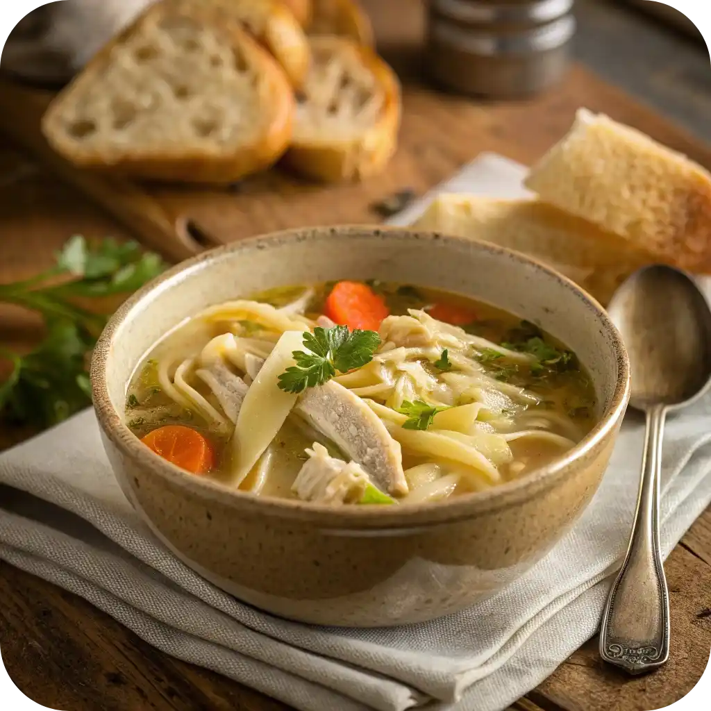 12 Comforting American Soup Recipes You’ll Love This Season 10 A bowl of classic chicken noodle soup with chicken, noodles, carrots, and herbs in a golden broth