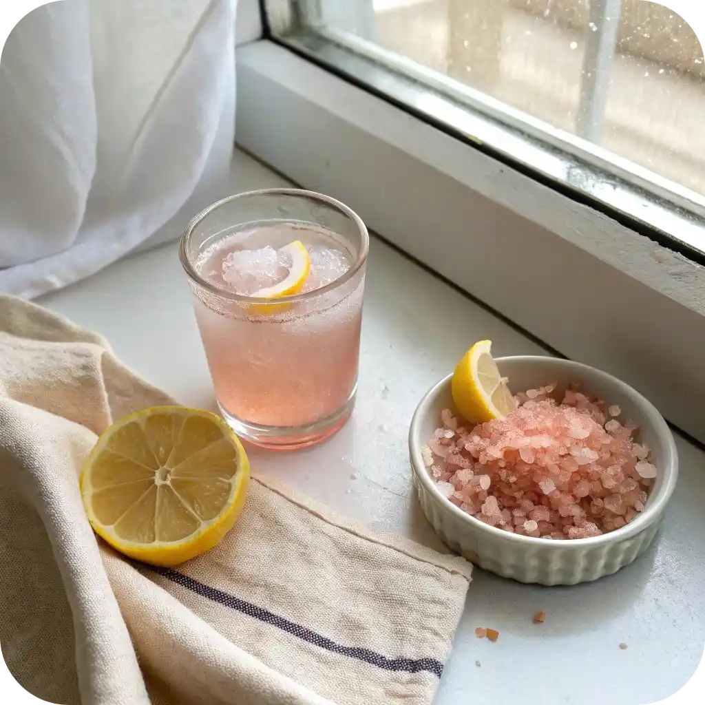 Hydrate & Heal: Pink Salt and Lemon Water Recipe for Morning Wellness 4 A glass of pink salt and lemon drink with ice, next to a bowl of pink salt and fresh lemon slices on a white windowsill