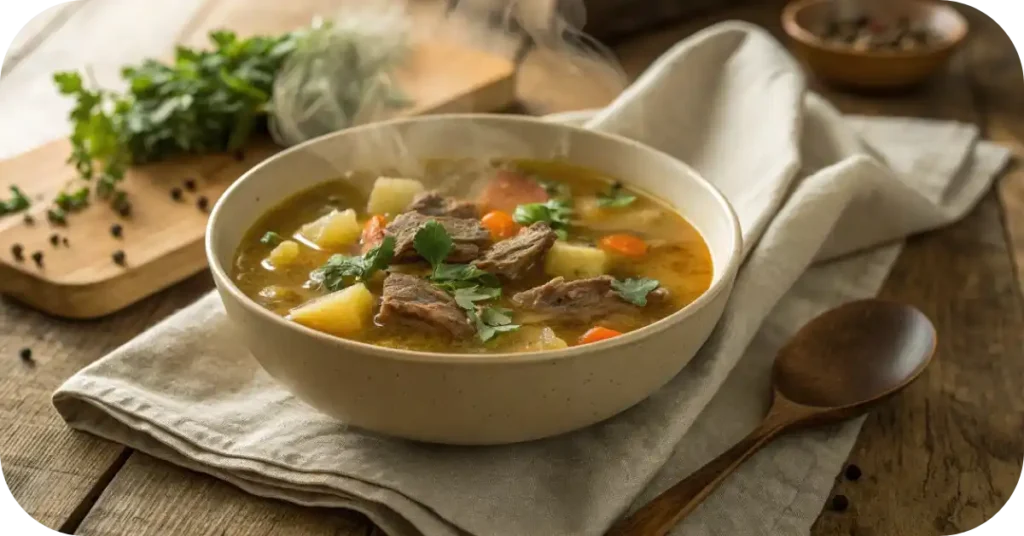 12 Comforting American Soup Recipes You’ll Love This Season 1 A steaming bowl of comforting homemade American soup with vegetables and herbs on a rustic wooden table