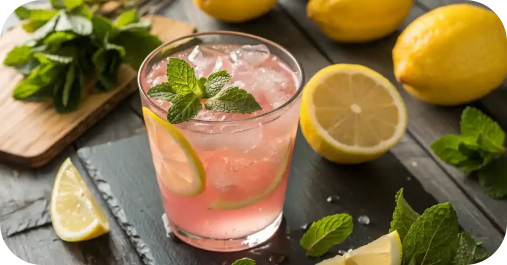 Hydrate & Heal: Pink Salt and Lemon Water Recipe for Morning Wellness 1 Glass of pink salt lemon water with mint on white marble in morning light