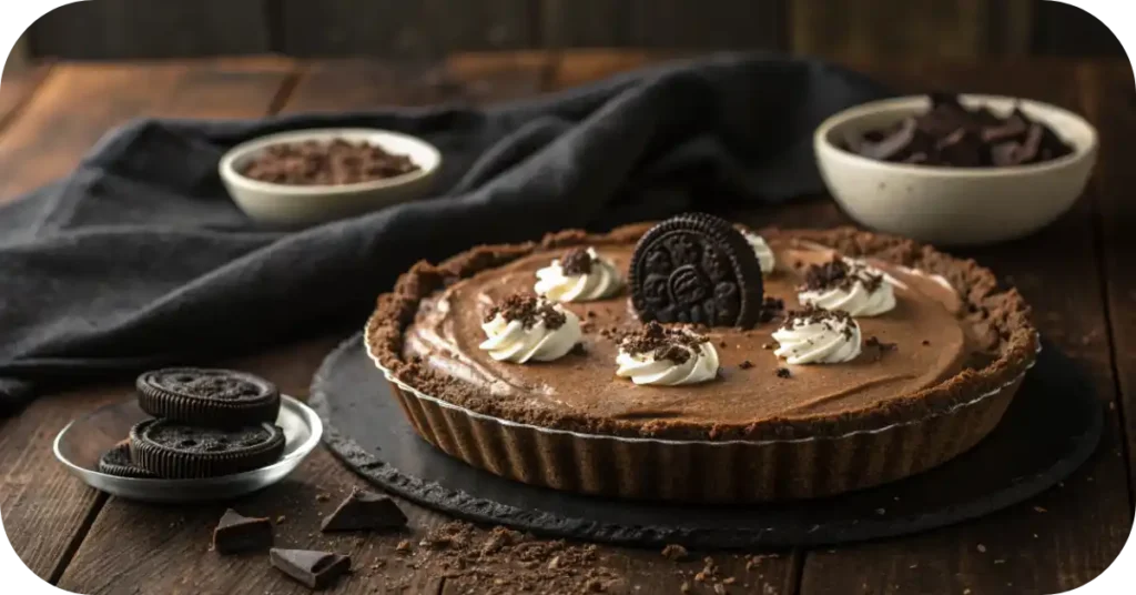 Oreo Rock Bottom Pie – Creamy, Crunchy & Nostalgic No-Bake Recipe 1 Homemade no-bake Oreo pie with chocolate filling, whipped cream swirls, and Oreo toppings