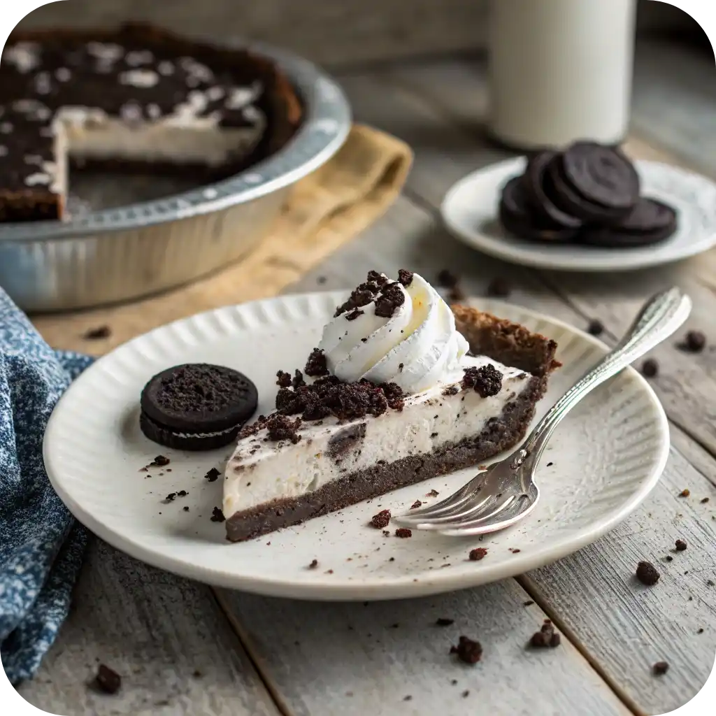 Oreo Rock Bottom Pie – Creamy, Crunchy & Nostalgic No-Bake Recipe 3 A slice of Oreo Rock Bottom Pie on a dessert plate with whipped cream and Oreo cookie crumbs