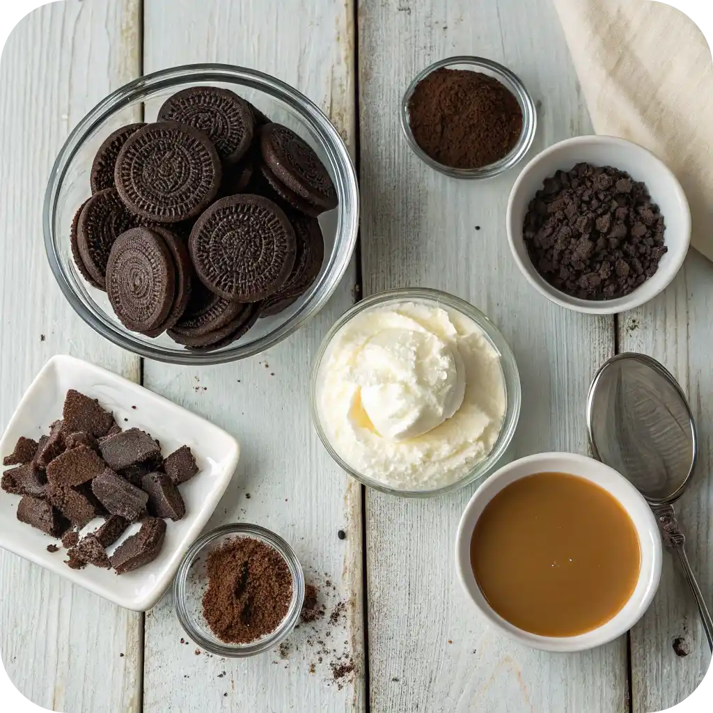 Oreo Rock Bottom Pie – Creamy, Crunchy & Nostalgic No-Bake Recipe 2 Flat lay of ingredients for Oreo Rock Bottom Pie including Oreo cookies, cream cheese, powdered sugar, whipped topping, and chocolate